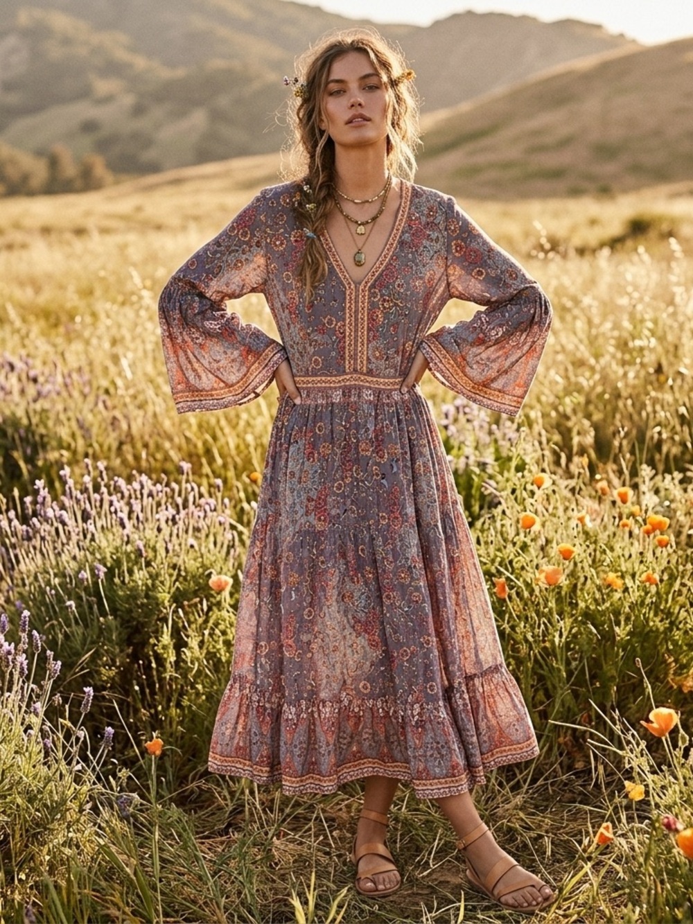 Aveology Size 1X Boho Crinkle Tiered Floral Flared Sleeve Cotton Gray Maxi Dress